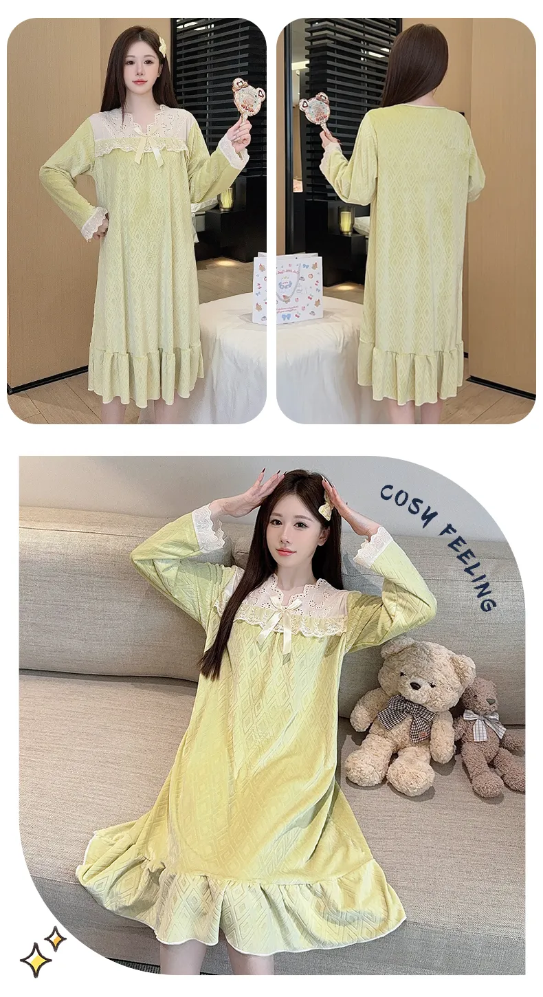 Shuimeifu French Elegant Palace Style Island Velvet Nightdress Women Autumn Winter Sweet Gentle High-End Homewear · Wholesale · OEM · Worldwide Shipping - Detail 14