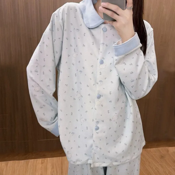 Ensemble pyjama femme lapin sel de mer style coréen, cachemire chaud automne-hiver, manches longues, style ins, imprimé floral, vêtement d'intérieur · Grossiste · OEM · Mondial - Detail 1