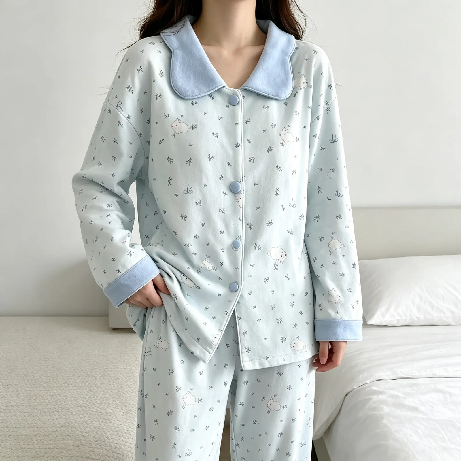 Ensemble pyjama femme lapin sel de mer style coréen, cachemire chaud automne-hiver, manches longues, style ins, imprimé floral, vêtement d'intérieur · Grossiste · OEM · Mondial - Detail 9
