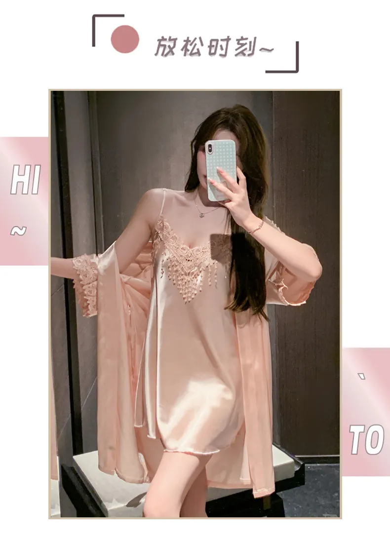 Shuimeifu Women's Sexy Western-Style Two-Piece Sleepwear Set, Solid Color Faux Silk Camisole Dress with Robe, Long Sleeve Spring · Wholesale · OEM · Worldwide Shipping - Detail 23