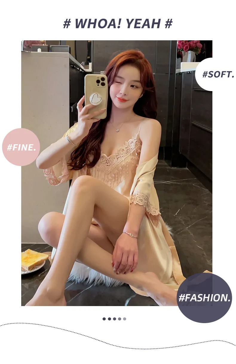 Shuimeifu Women's Sexy Western-Style Two-Piece Sleepwear Set, Solid Color Faux Silk Camisole Dress with Robe, Long Sleeve Spring · Wholesale · OEM · Worldwide Shipping - Detail 9