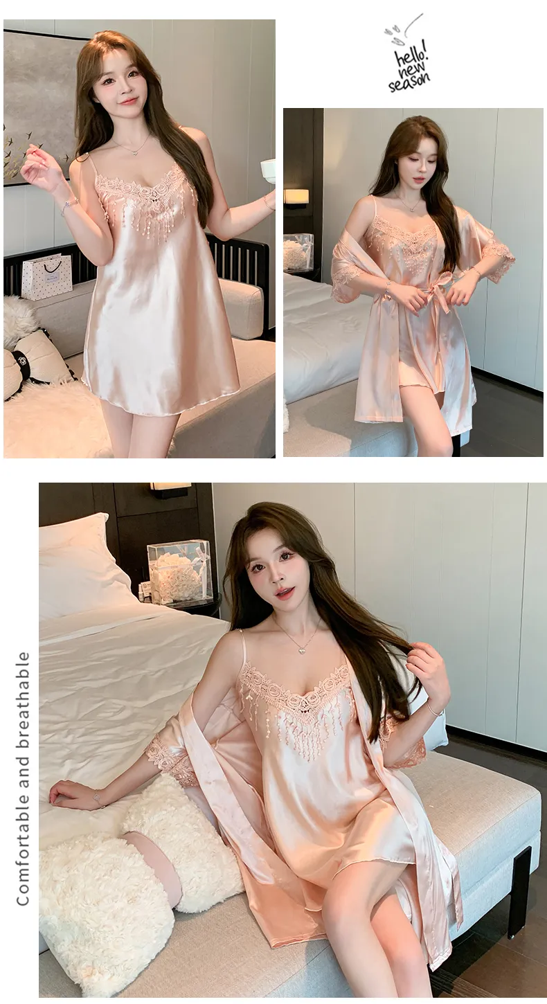 Shuimeifu Women's Sexy Western-Style Two-Piece Sleepwear Set, Solid Color Faux Silk Camisole Dress with Robe, Long Sleeve Spring · Wholesale · OEM · Worldwide Shipping - Detail 26