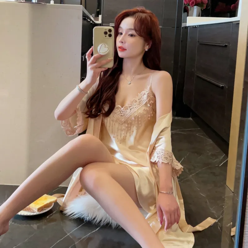Shuimeifu Women's Sexy Western-Style Two-Piece Sleepwear Set, Solid Color Faux Silk Camisole Dress with Robe, Long Sleeve Spring · Wholesale · OEM · Worldwide Shipping - View 3