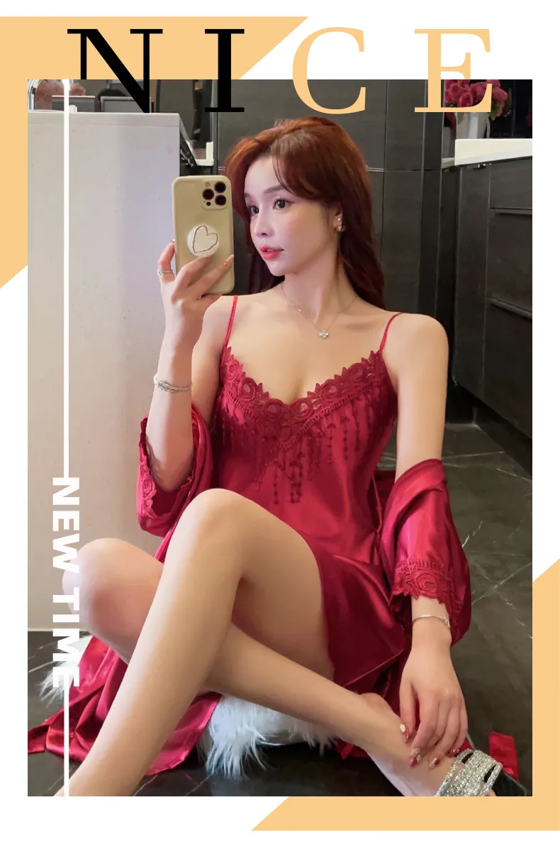 Shuimeifu Women's Sexy Western-Style Two-Piece Sleepwear Set, Solid Color Faux Silk Camisole Dress with Robe, Long Sleeve Spring · Wholesale · OEM · Worldwide Shipping - Detail 27