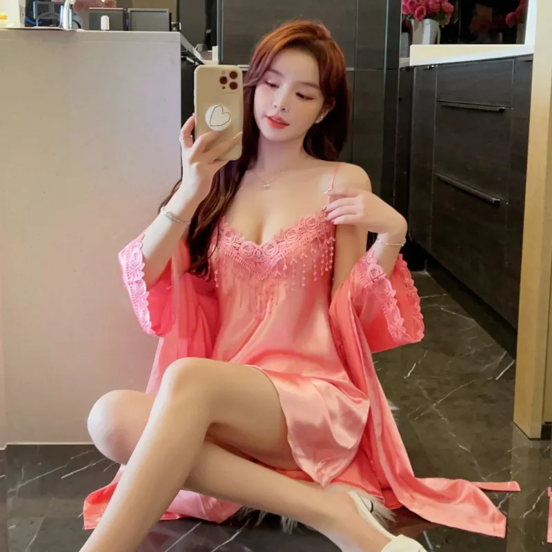 Shuimeifu Women's Sexy Western-Style Two-Piece Sleepwear Set, Solid Color Faux Silk Camisole Dress with Robe, Long Sleeve Spring · Wholesale · OEM · Worldwide Shipping