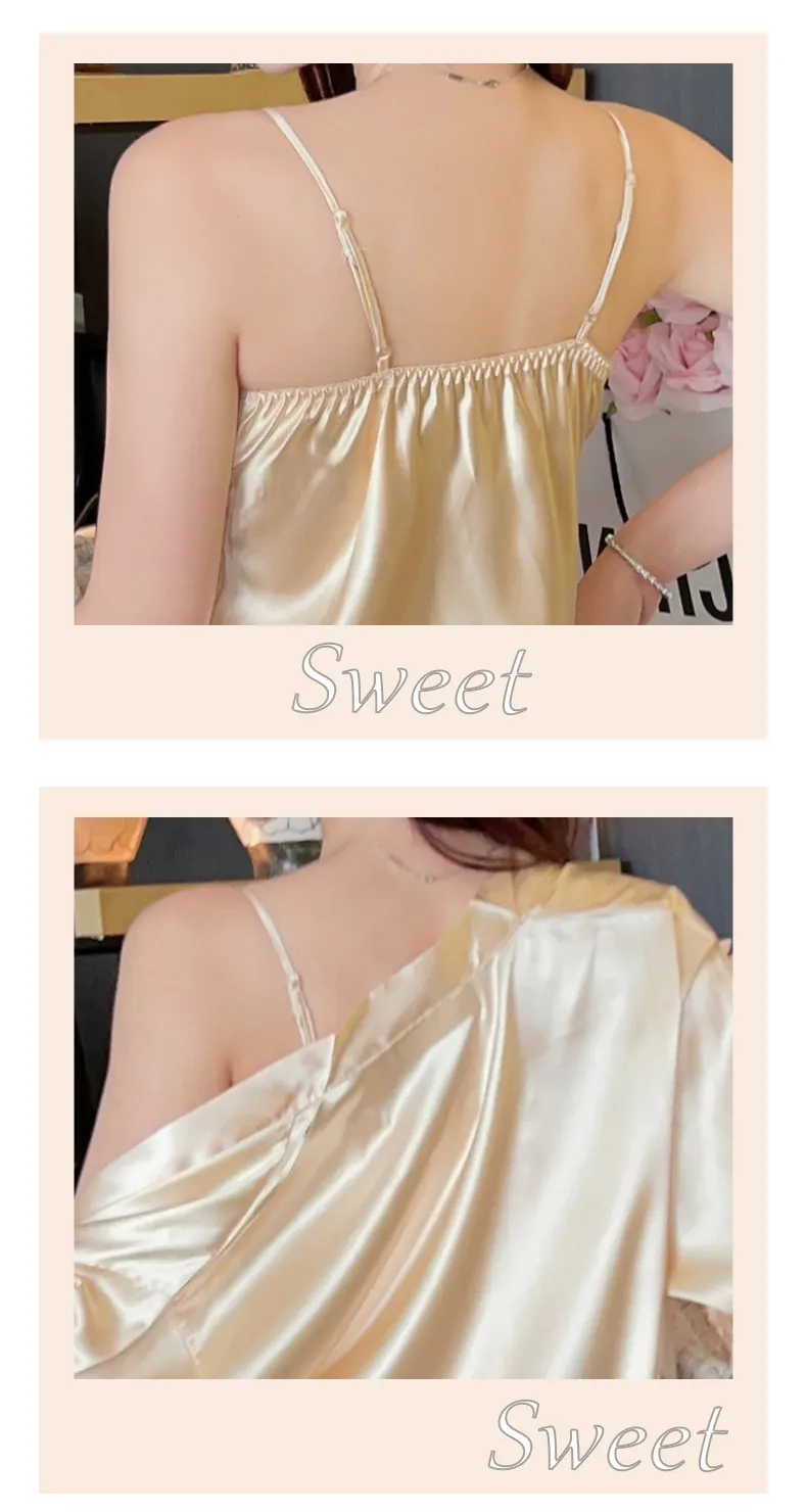 Shuimeifu Women's Sexy Western-Style Two-Piece Sleepwear Set, Solid Color Faux Silk Camisole Dress with Robe, Long Sleeve Spring · Wholesale · OEM · Worldwide Shipping - Detail 4