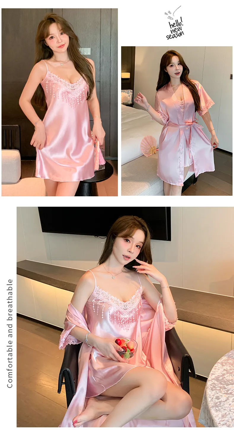 Shuimeifu Women's Sexy Western-Style Two-Piece Sleepwear Set, Solid Color Faux Silk Camisole Dress with Robe, Long Sleeve Spring · Wholesale · OEM · Worldwide Shipping - Detail 34