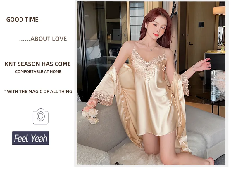 Shuimeifu Women's Sexy Western-Style Two-Piece Sleepwear Set, Solid Color Faux Silk Camisole Dress with Robe, Long Sleeve Spring · Wholesale · OEM · Worldwide Shipping - Detail 8