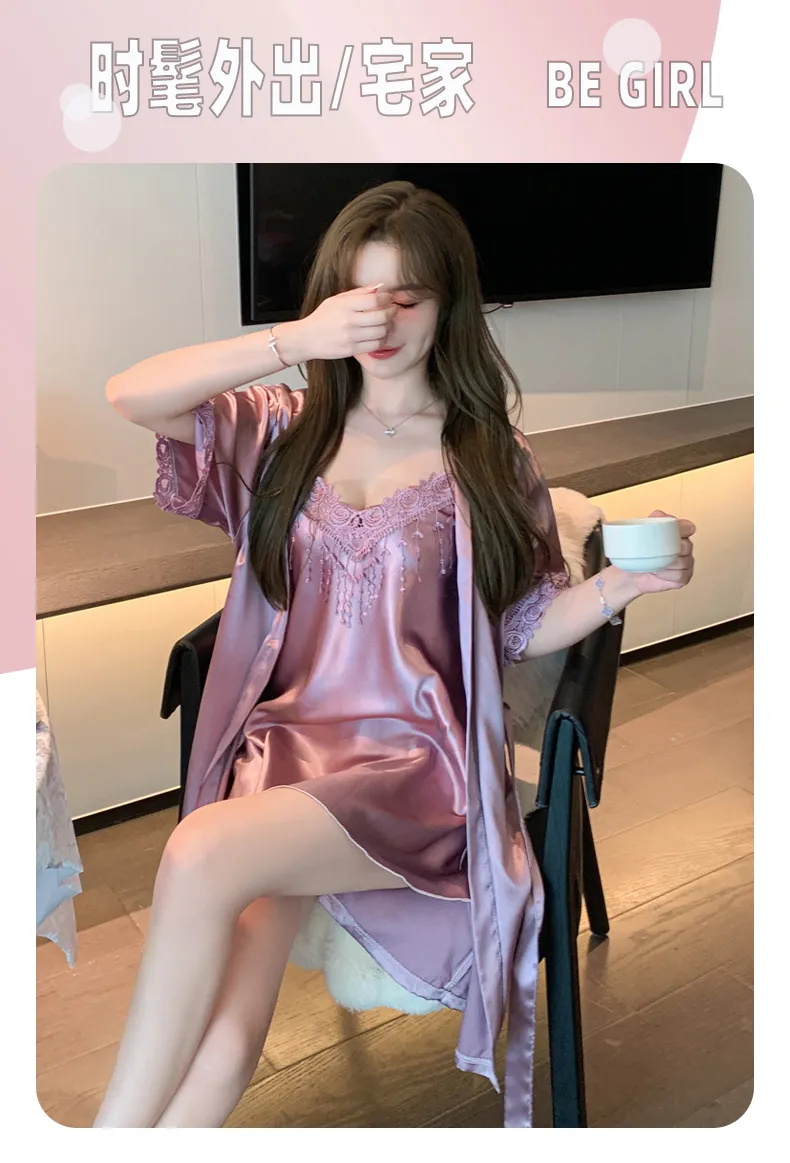 Shuimeifu Women's Sexy Western-Style Two-Piece Sleepwear Set, Solid Color Faux Silk Camisole Dress with Robe, Long Sleeve Spring · Wholesale · OEM · Worldwide Shipping - Detail 17