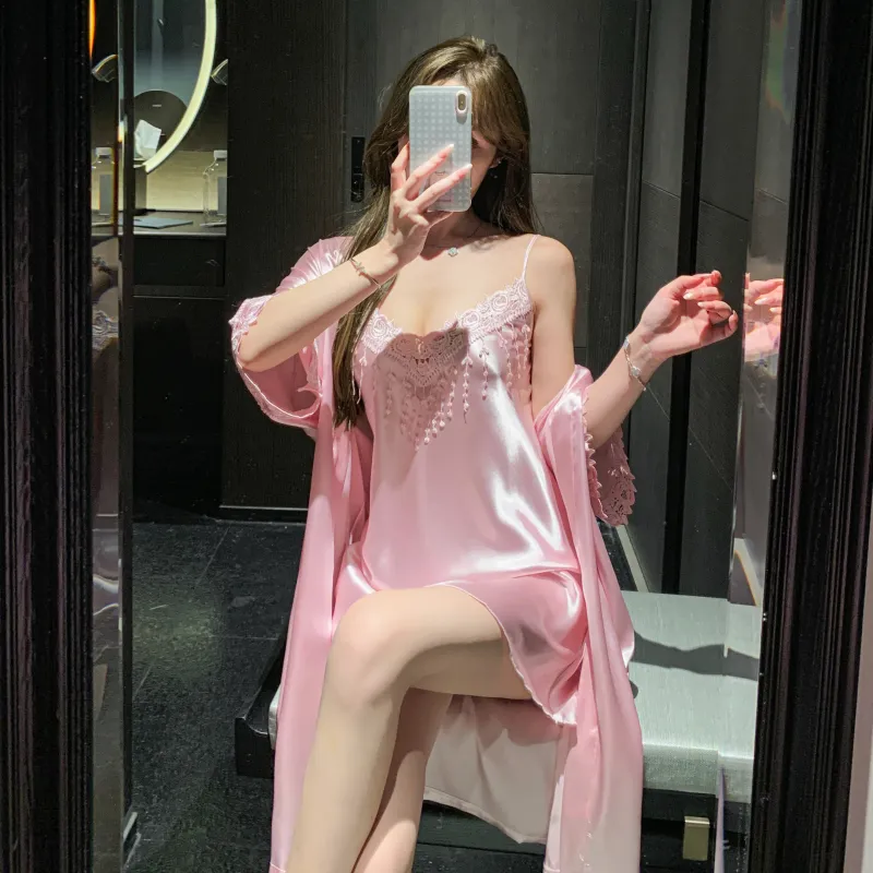 Shuimeifu Women's Sexy Western-Style Two-Piece Sleepwear Set, Solid Color Faux Silk Camisole Dress with Robe, Long Sleeve Spring · Wholesale · OEM · Worldwide Shipping - View 4