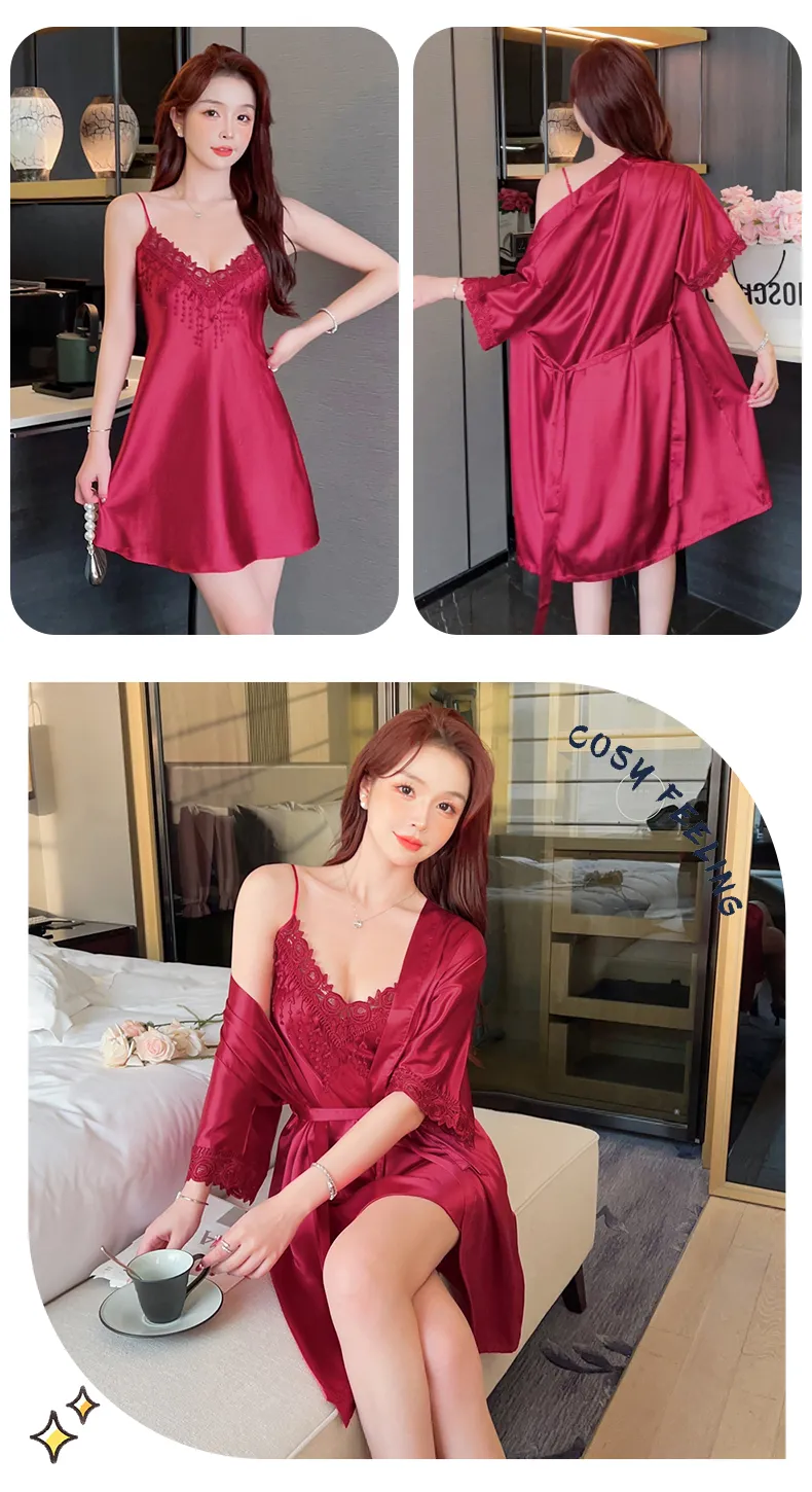 Shuimeifu Women's Sexy Western-Style Two-Piece Sleepwear Set, Solid Color Faux Silk Camisole Dress with Robe, Long Sleeve Spring · Wholesale · OEM · Worldwide Shipping - Detail 30