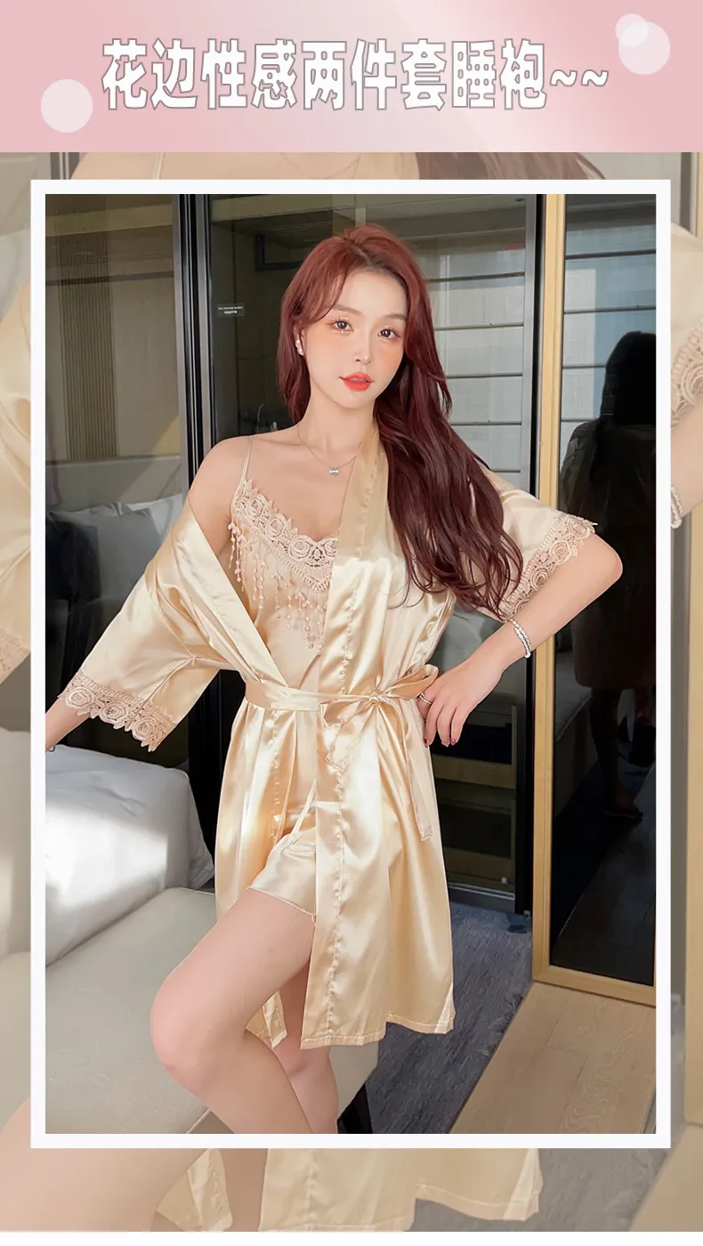Shuimeifu Women's Sexy Western-Style Two-Piece Sleepwear Set, Solid Color Faux Silk Camisole Dress with Robe, Long Sleeve Spring · Wholesale · OEM · Worldwide Shipping - Detail 2