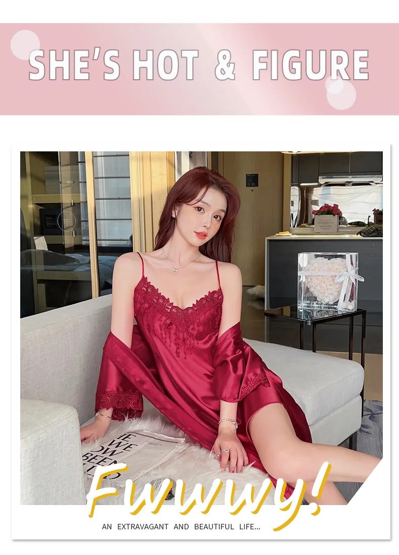 Shuimeifu Women's Sexy Western-Style Two-Piece Sleepwear Set, Solid Color Faux Silk Camisole Dress with Robe, Long Sleeve Spring · Wholesale · OEM · Worldwide Shipping - Detail 29