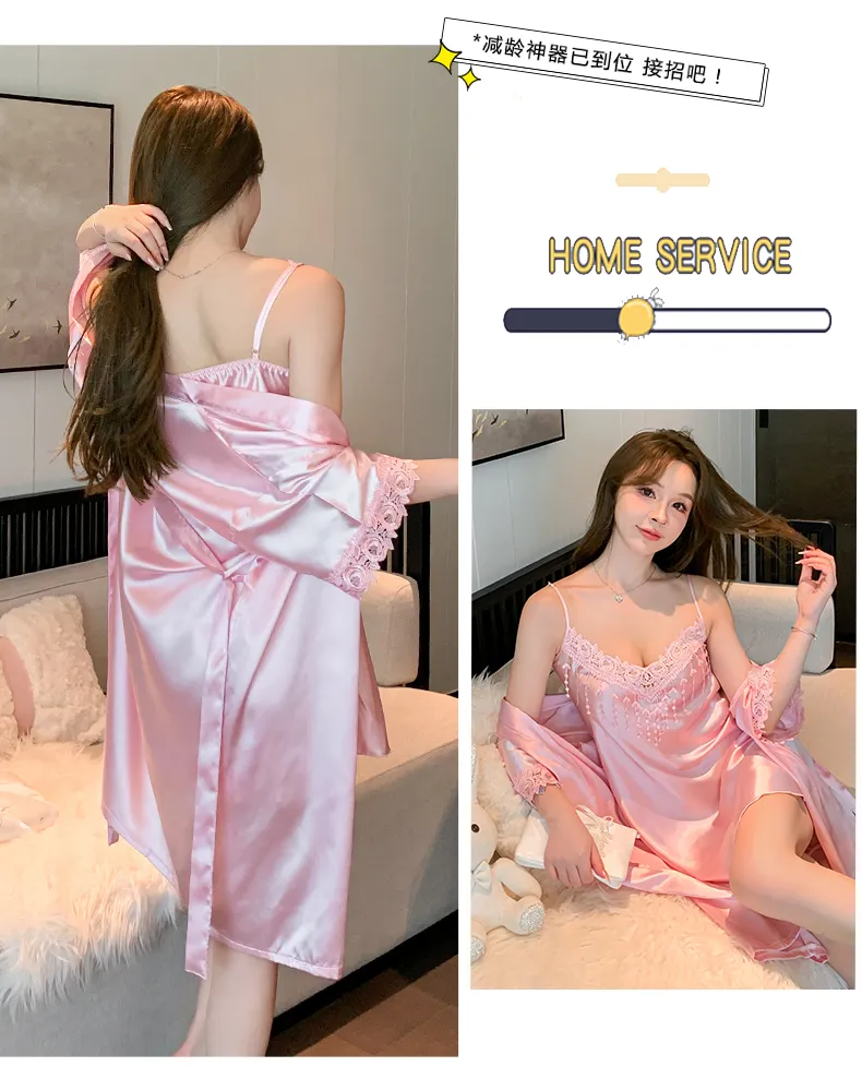 Shuimeifu Women's Sexy Western-Style Two-Piece Sleepwear Set, Solid Color Faux Silk Camisole Dress with Robe, Long Sleeve Spring · Wholesale · OEM · Worldwide Shipping - Detail 32