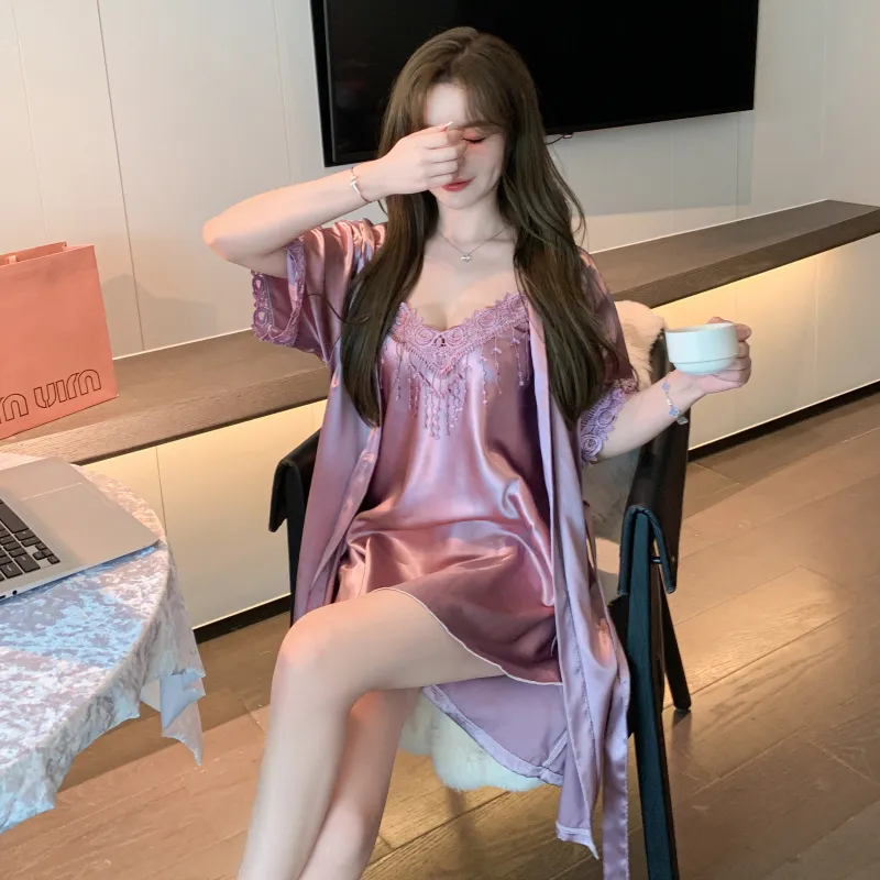Shuimeifu Women's Sexy Western-Style Two-Piece Sleepwear Set, Solid Color Faux Silk Camisole Dress with Robe, Long Sleeve Spring · Wholesale · OEM · Worldwide Shipping - View 1