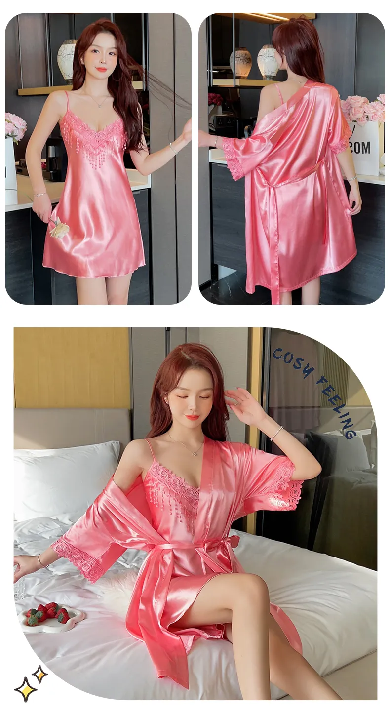 Shuimeifu Women's Sexy Western-Style Two-Piece Sleepwear Set, Solid Color Faux Silk Camisole Dress with Robe, Long Sleeve Spring · Wholesale · OEM · Worldwide Shipping - Detail 22