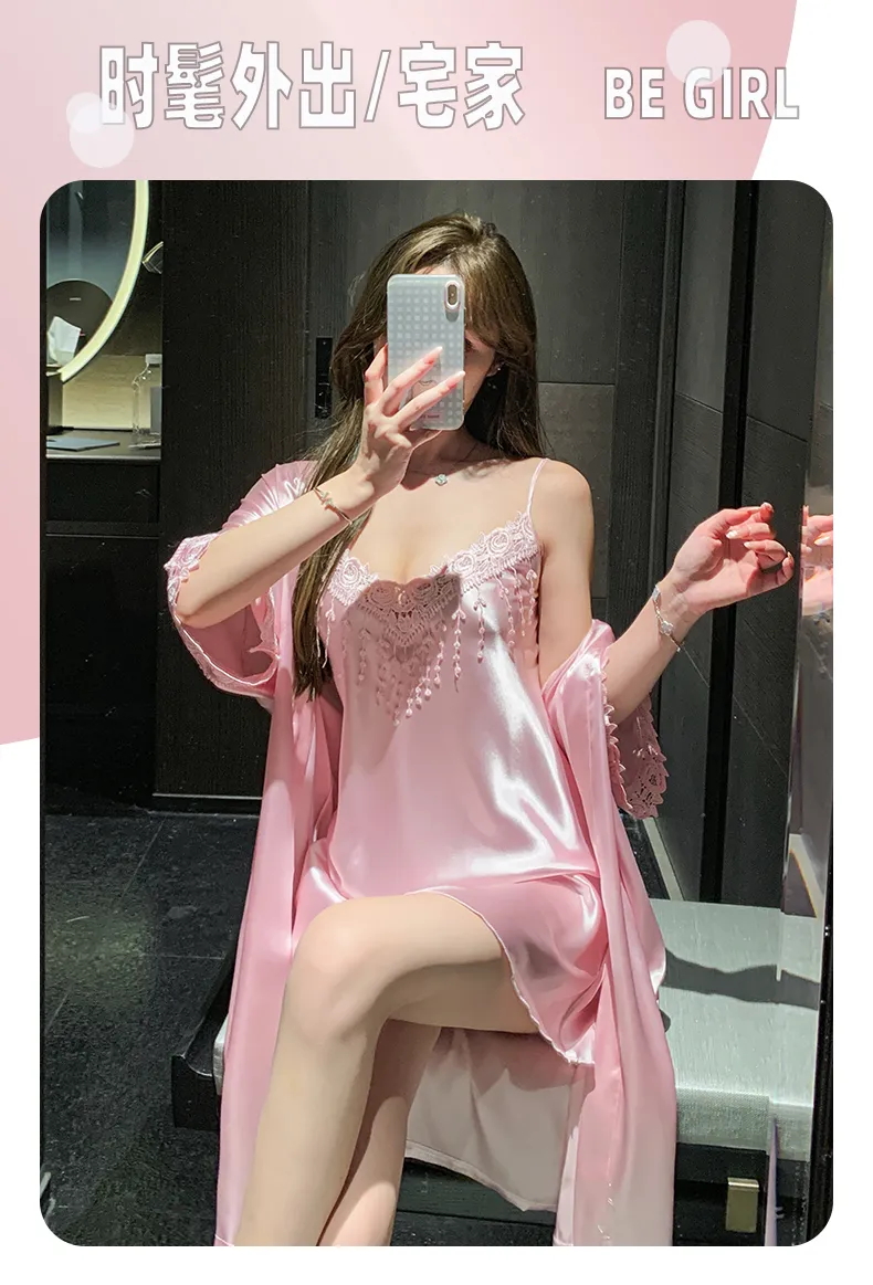 Shuimeifu Women's Sexy Western-Style Two-Piece Sleepwear Set, Solid Color Faux Silk Camisole Dress with Robe, Long Sleeve Spring · Wholesale · OEM · Worldwide Shipping - Detail 33