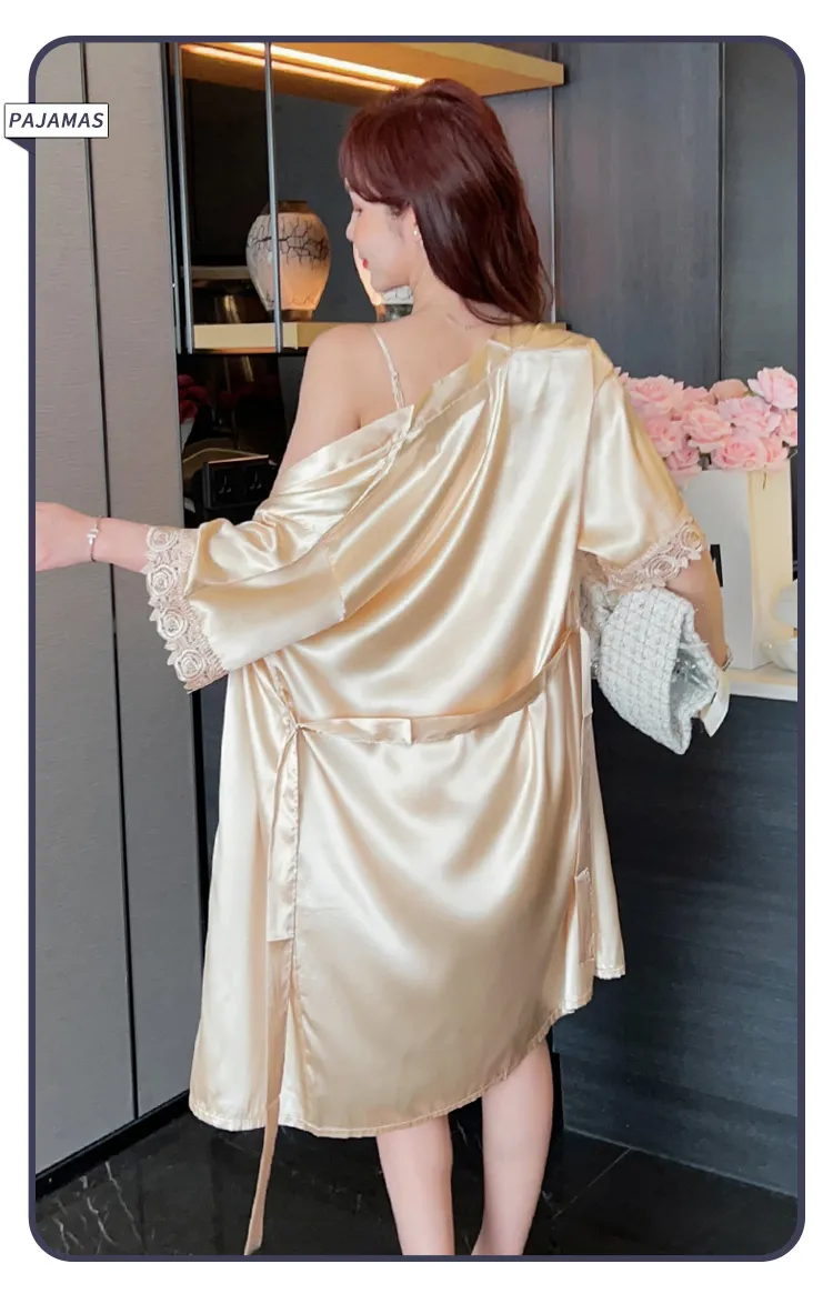 Shuimeifu Women's Sexy Western-Style Two-Piece Sleepwear Set, Solid Color Faux Silk Camisole Dress with Robe, Long Sleeve Spring · Wholesale · OEM · Worldwide Shipping - Detail 10
