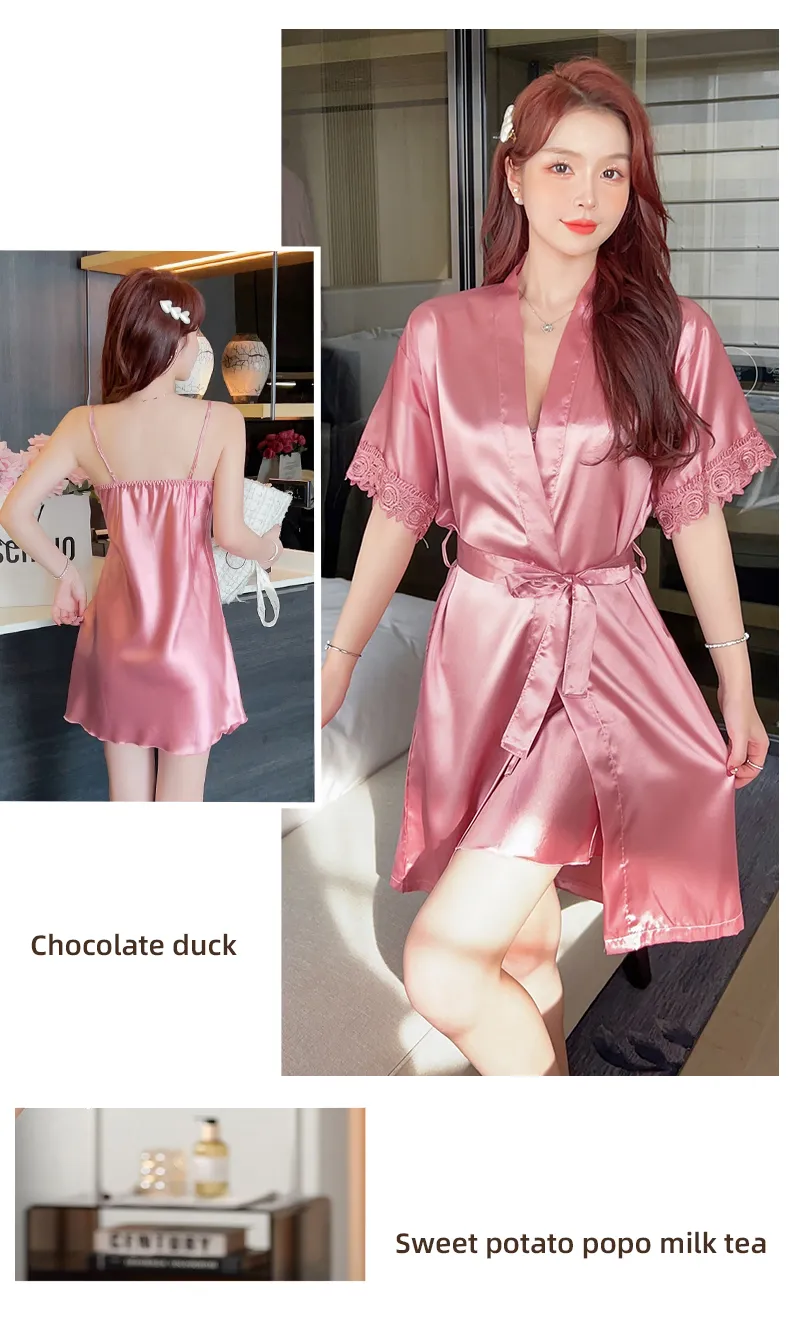 Shuimeifu Women's Sexy Western-Style Two-Piece Sleepwear Set, Solid Color Faux Silk Camisole Dress with Robe, Long Sleeve Spring · Wholesale · OEM · Worldwide Shipping - Detail 12