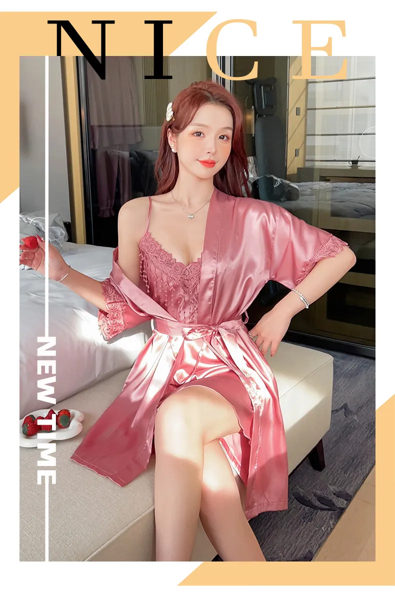 Shuimeifu Women's Sexy Western-Style Two-Piece Sleepwear Set, Solid Color Faux Silk Camisole Dress with Robe, Long Sleeve Spring · Wholesale · OEM · Worldwide Shipping - Detail 11
