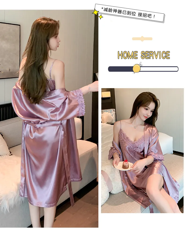 Shuimeifu Women's Sexy Western-Style Two-Piece Sleepwear Set, Solid Color Faux Silk Camisole Dress with Robe, Long Sleeve Spring · Wholesale · OEM · Worldwide Shipping - Detail 16