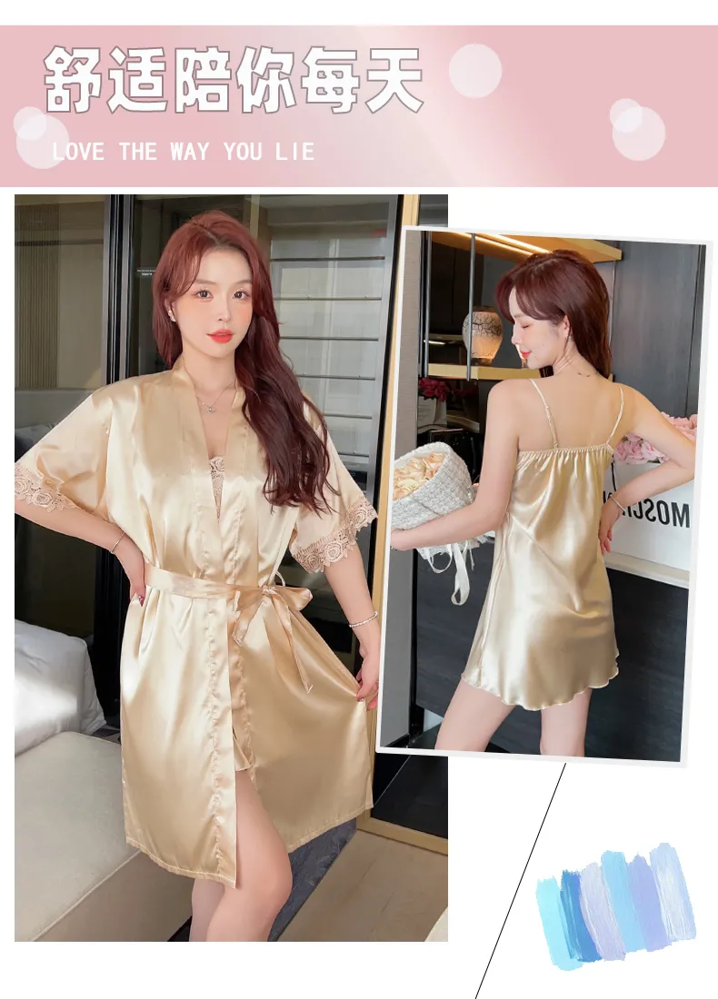 Shuimeifu Women's Sexy Western-Style Two-Piece Sleepwear Set, Solid Color Faux Silk Camisole Dress with Robe, Long Sleeve Spring · Wholesale · OEM · Worldwide Shipping - Detail 7