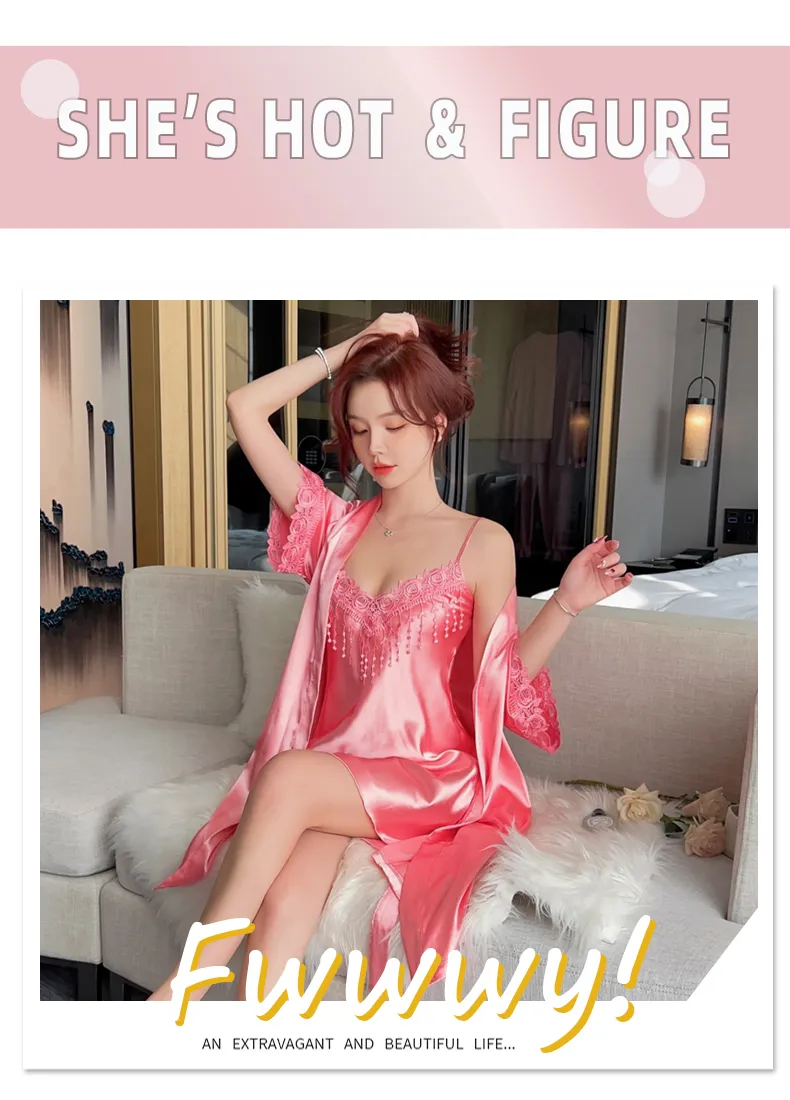 Shuimeifu Women's Sexy Western-Style Two-Piece Sleepwear Set, Solid Color Faux Silk Camisole Dress with Robe, Long Sleeve Spring · Wholesale · OEM · Worldwide Shipping - Detail 21