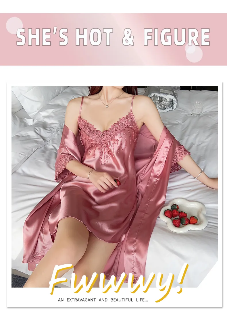 Shuimeifu Women's Sexy Western-Style Two-Piece Sleepwear Set, Solid Color Faux Silk Camisole Dress with Robe, Long Sleeve Spring · Wholesale · OEM · Worldwide Shipping - Detail 13