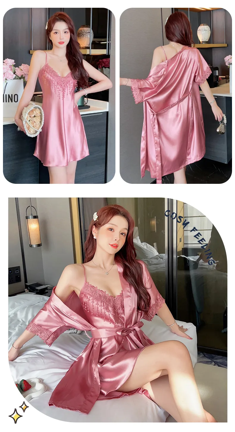 Shuimeifu Women's Sexy Western-Style Two-Piece Sleepwear Set, Solid Color Faux Silk Camisole Dress with Robe, Long Sleeve Spring · Wholesale · OEM · Worldwide Shipping - Detail 14