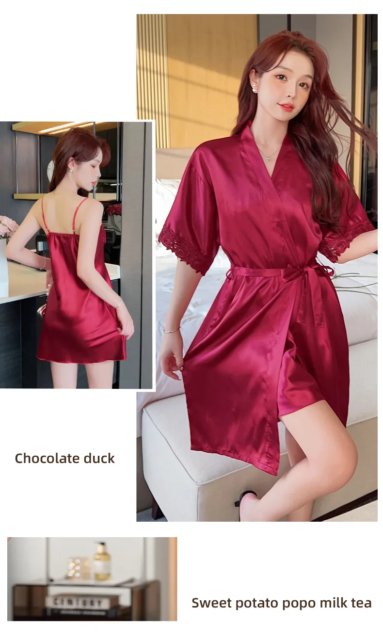 Shuimeifu Women's Sexy Western-Style Two-Piece Sleepwear Set, Solid Color Faux Silk Camisole Dress with Robe, Long Sleeve Spring · Wholesale · OEM · Worldwide Shipping - Detail 28