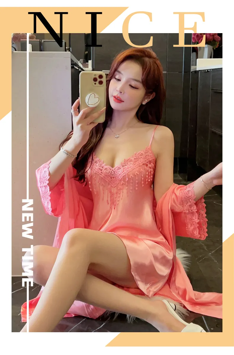 Shuimeifu Women's Sexy Western-Style Two-Piece Sleepwear Set, Solid Color Faux Silk Camisole Dress with Robe, Long Sleeve Spring · Wholesale · OEM · Worldwide Shipping - Detail 19