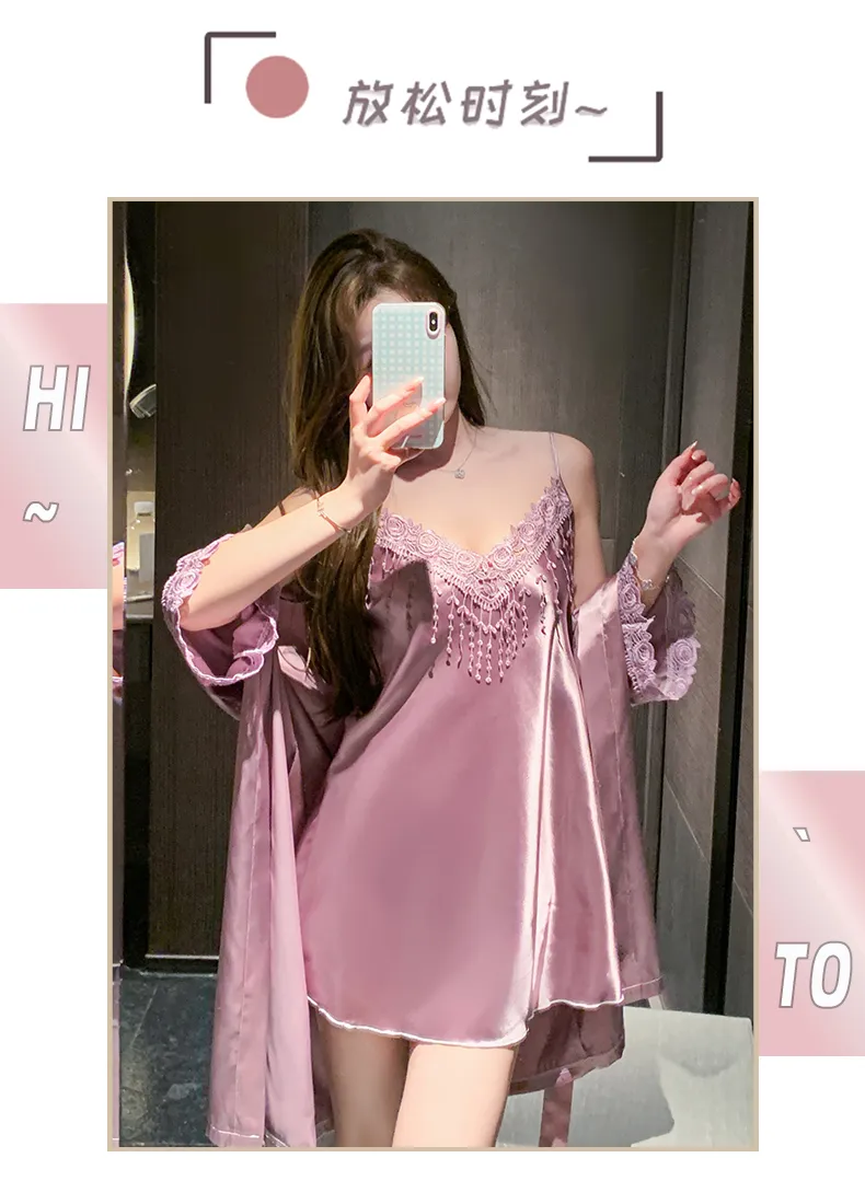 Shuimeifu Women's Sexy Western-Style Two-Piece Sleepwear Set, Solid Color Faux Silk Camisole Dress with Robe, Long Sleeve Spring · Wholesale · OEM · Worldwide Shipping - Detail 15