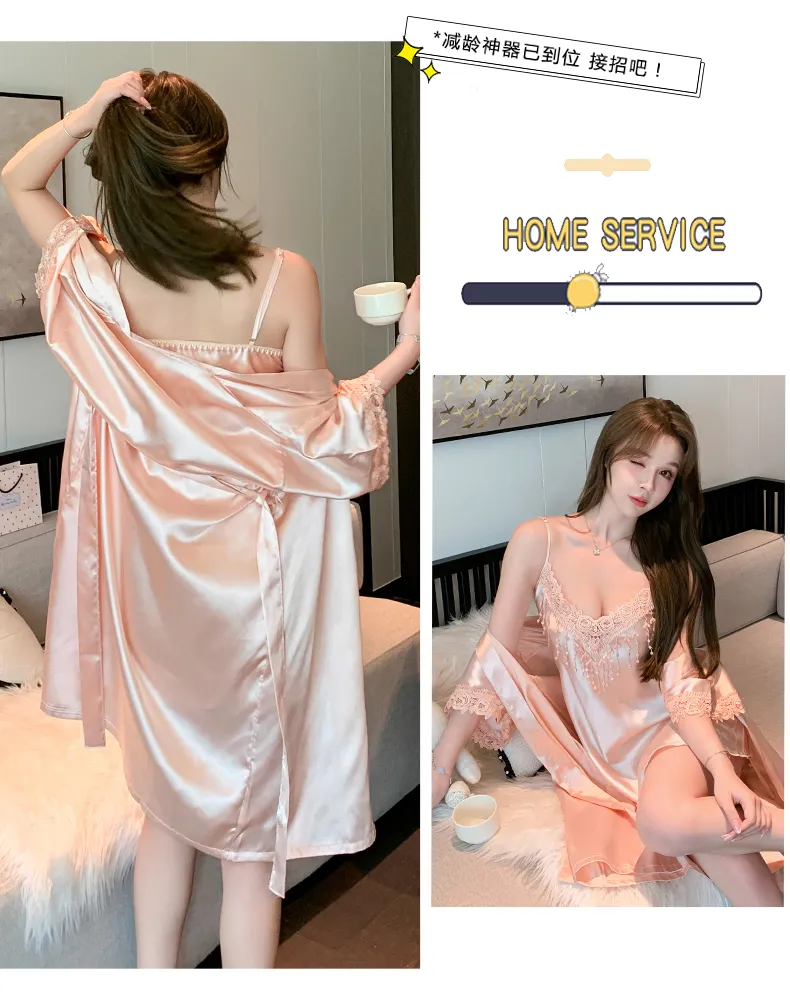 Shuimeifu Women's Sexy Western-Style Two-Piece Sleepwear Set, Solid Color Faux Silk Camisole Dress with Robe, Long Sleeve Spring · Wholesale · OEM · Worldwide Shipping - Detail 24
