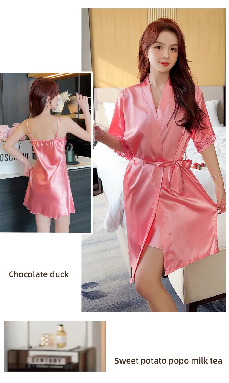Shuimeifu Women's Sexy Western-Style Two-Piece Sleepwear Set, Solid Color Faux Silk Camisole Dress with Robe, Long Sleeve Spring · Wholesale · OEM · Worldwide Shipping - Detail 20