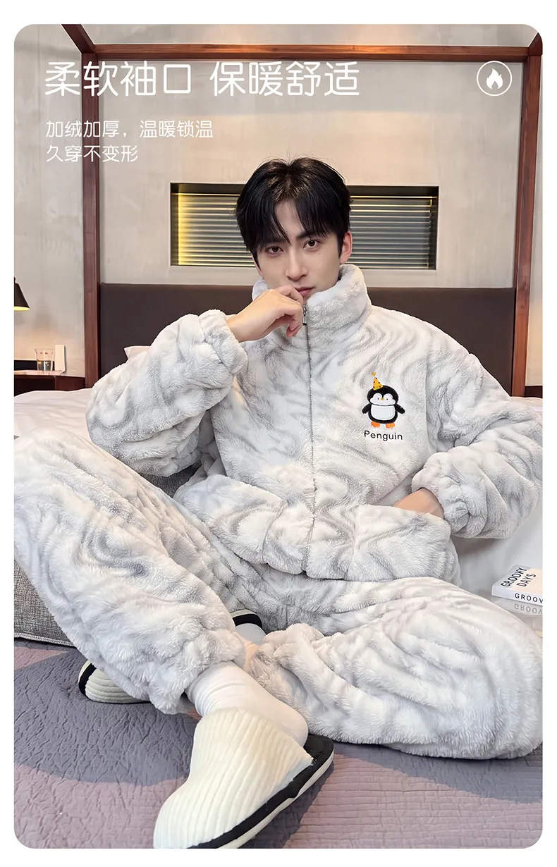 Men's Pajamas Coral Fleece Autumn Winter Thickened Fleece Loose Fit Zipper Loungewear · Wholesale · OEM · Worldwide Shipping - Detail 7