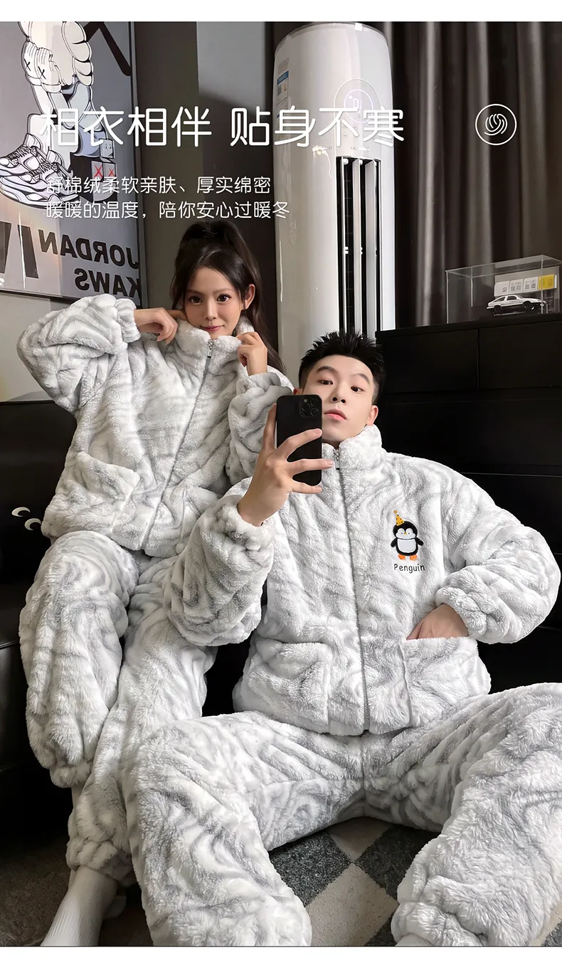 Couple Pajamas Coral Fleece Autumn Winter Thickened Fleece Loose Zipper Loungewear · Wholesale · OEM · Worldwide Shipping - Detail 3