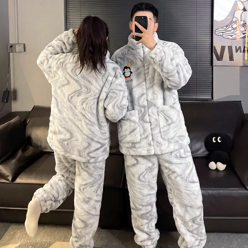 Couple Pajamas Coral Fleece Autumn Winter Thickened Fleece Loose Zipper Loungewear · Wholesale · OEM · Worldwide Shipping - View 2