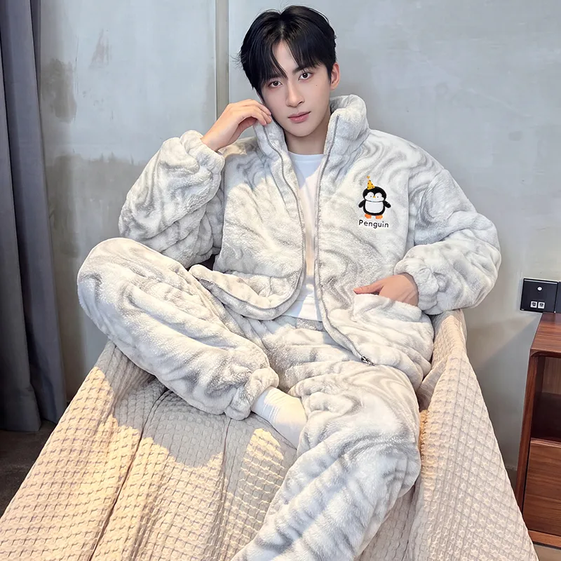 Men's Pajamas Coral Fleece Autumn Winter Thickened Fleece Loose Fit Zipper Loungewear · Wholesale · OEM · Worldwide Shipping - View 2