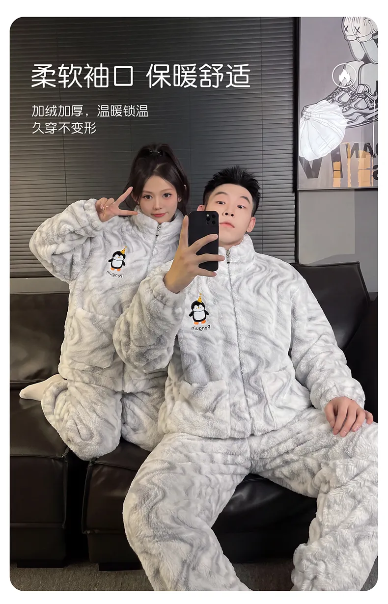 Couple Pajamas Coral Fleece Autumn Winter Thickened Fleece Loose Zipper Loungewear · Wholesale · OEM · Worldwide Shipping - Detail 7