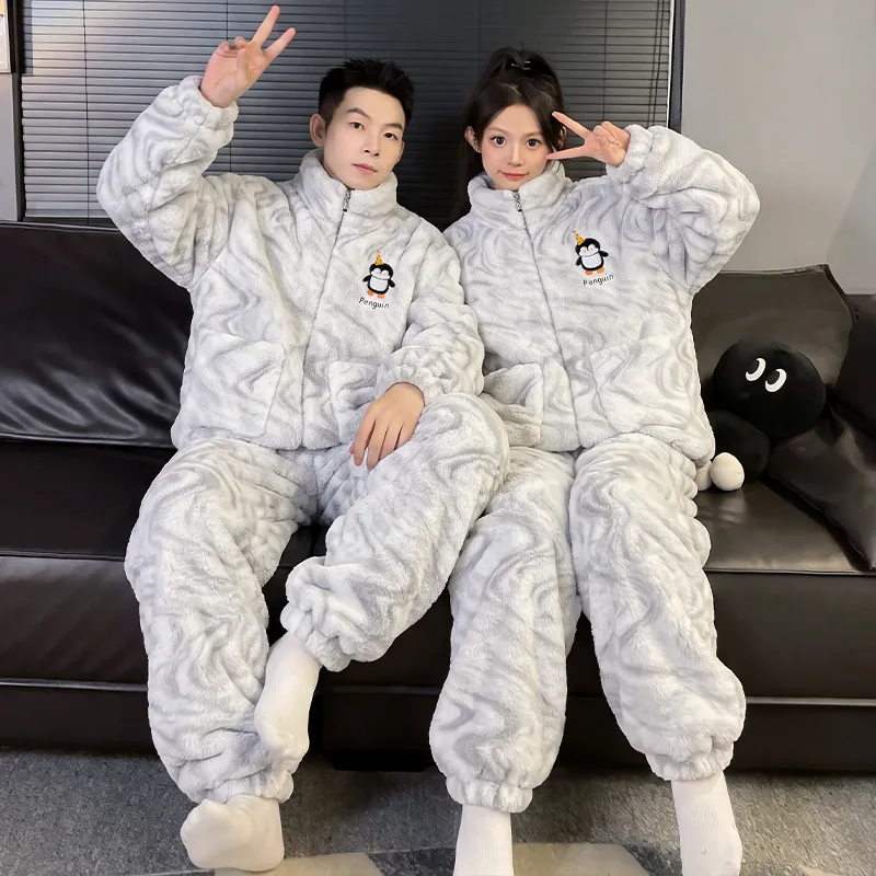 Couple Pajamas Coral Fleece Autumn Winter Thickened Fleece Loose Zipper Loungewear · Wholesale · OEM · Worldwide Shipping - View 3