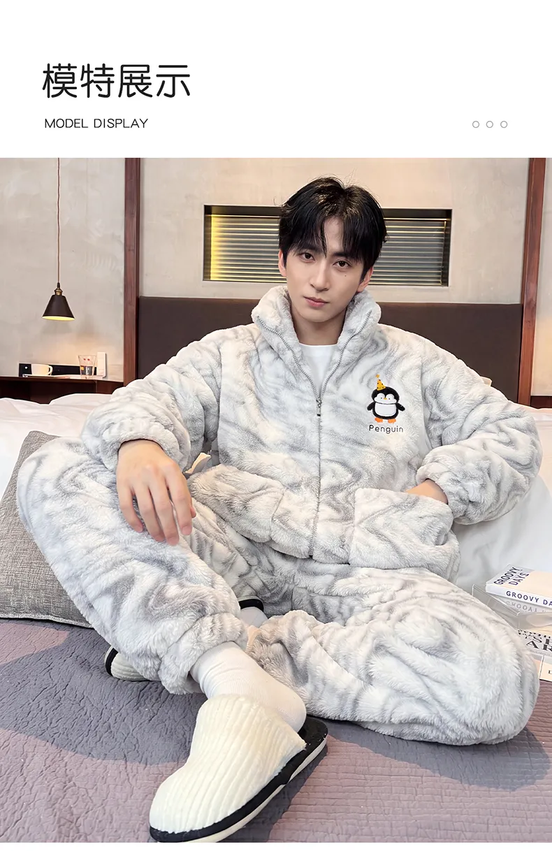 Men's Pajamas Coral Fleece Autumn Winter Thickened Fleece Loose Fit Zipper Loungewear · Wholesale · OEM · Worldwide Shipping - Detail 16