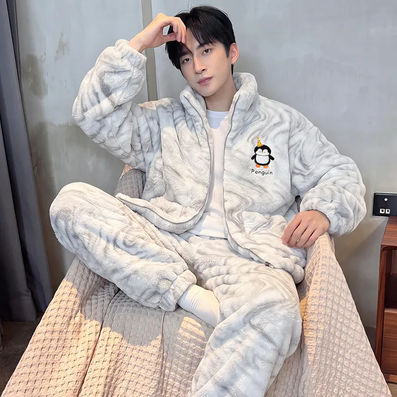 Men's Pajamas Coral Fleece Autumn Winter Thickened Fleece Loose Fit Zipper Loungewear · Wholesale · OEM · Worldwide Shipping - View 3