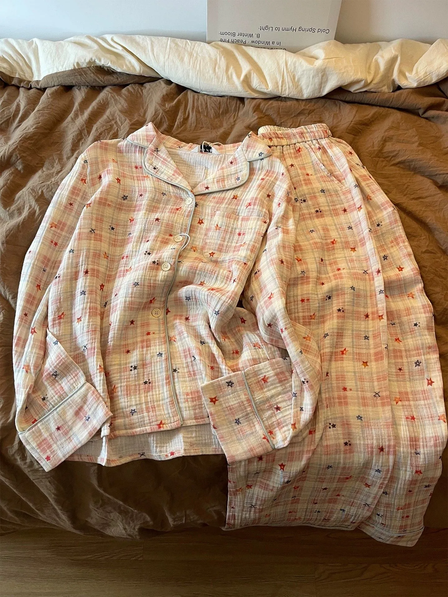 Xinyi Autumn Winter New Star Print Pajama Set Women 140g French Sweet Plaid Loose Casual Loungewear · Wholesale · OEM · Worldwide Shipping - Detail 4