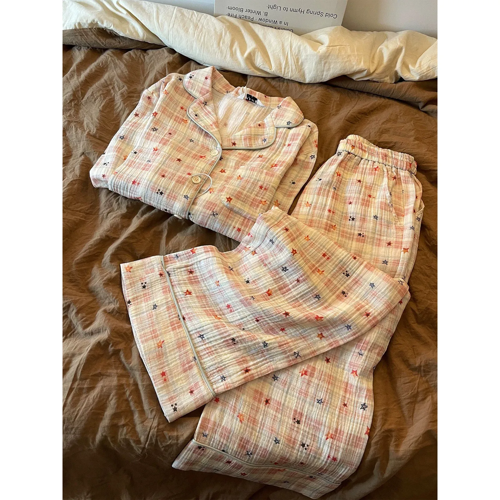 Xinyi Autumn Winter New Star Print Pajama Set Women 140g French Sweet Plaid Loose Casual Loungewear · Wholesale · OEM · Worldwide Shipping - View 4
