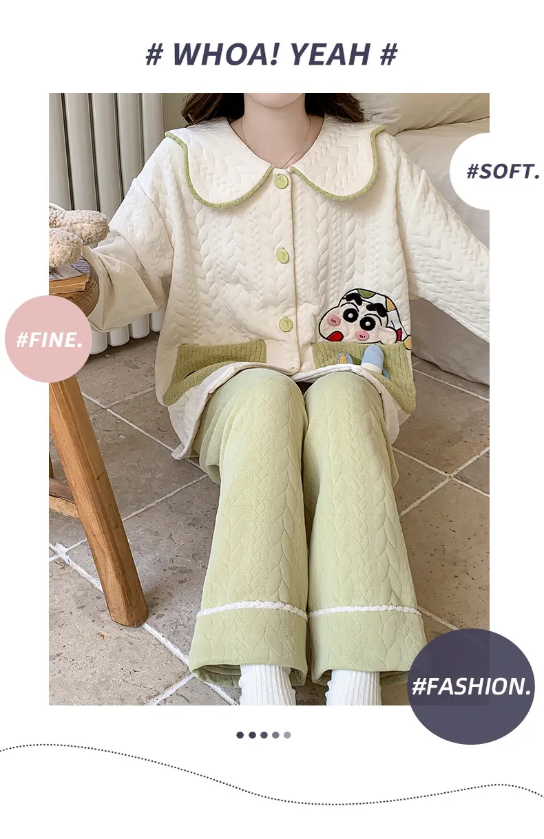 Autumn Winter Women's Pajamas Imitation Cotton Air Layer Round Neck Cardigan Cute Korean Style Print Loungewear Set · Wholesale · OEM · Worldwide Shipping - Detail 25