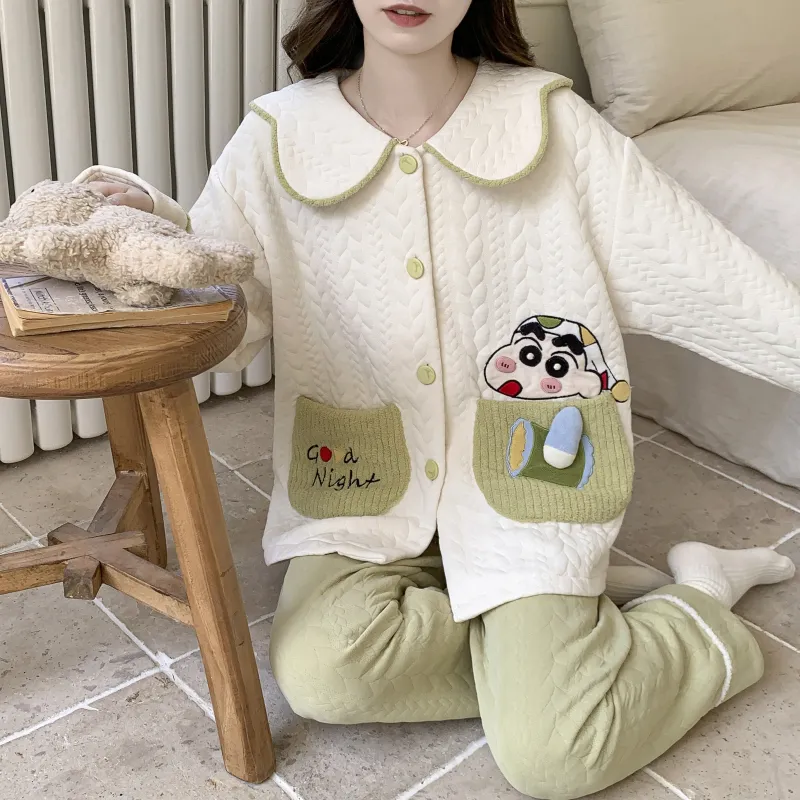 Autumn Winter Women's Pajamas Imitation Cotton Air Layer Round Neck Cardigan Cute Korean Style Print Loungewear Set · Wholesale · OEM · Worldwide Shipping - Detail 3