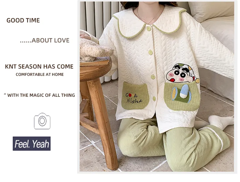Autumn Winter Women's Pajamas Imitation Cotton Air Layer Round Neck Cardigan Cute Korean Style Print Loungewear Set · Wholesale · OEM · Worldwide Shipping - Detail 24
