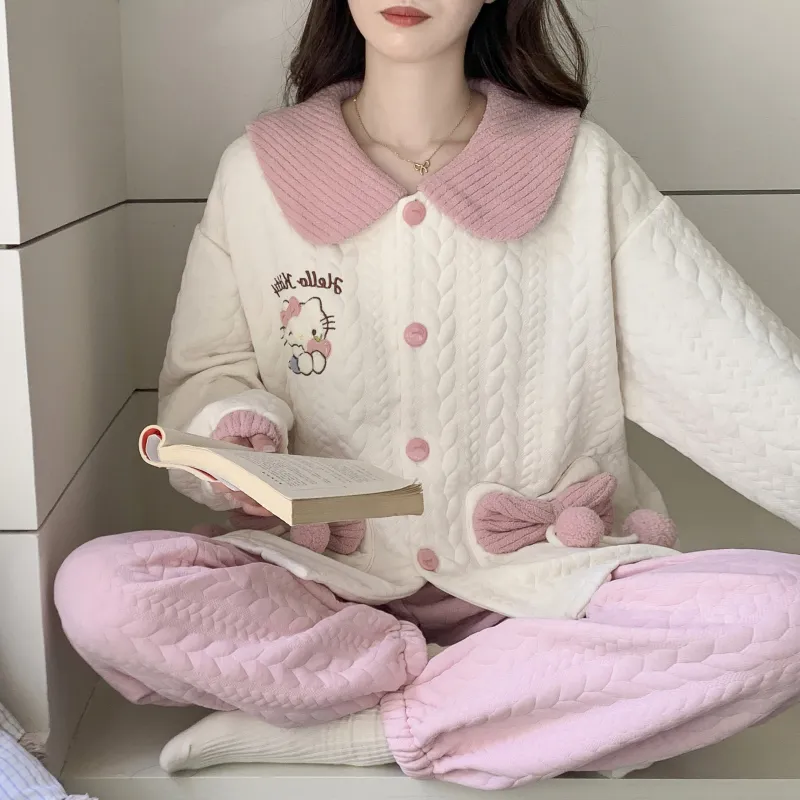 Autumn Winter Women's Pajamas Imitation Cotton Air Layer Round Neck Cardigan Cute Korean Style Print Loungewear Set · Wholesale · OEM · Worldwide Shipping - View 4