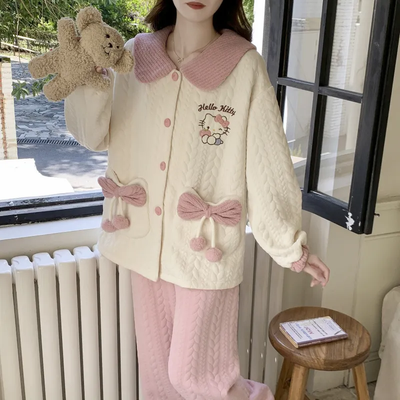 Autumn Winter Women's Pajamas Imitation Cotton Air Layer Round Neck Cardigan Cute Korean Style Print Loungewear Set · Wholesale · OEM · Worldwide Shipping - View 2