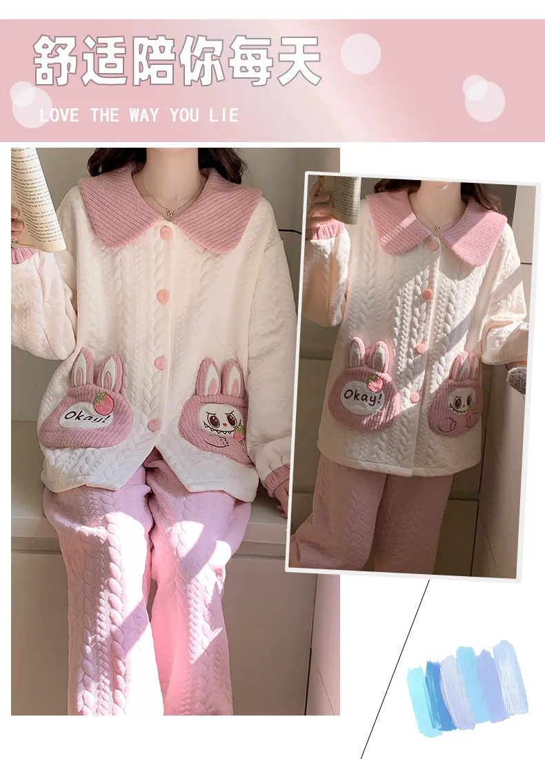 Autumn Winter Women's Pajamas Imitation Cotton Air Layer Round Neck Cardigan Cute Korean Style Print Loungewear Set · Wholesale · OEM · Worldwide Shipping - Detail 27